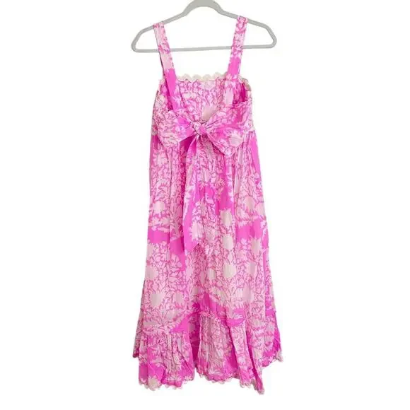 Juliet Dunn Square Neck Palladio Print Cotton Midi Dress Pink White Orchid - Picture 8 of 11